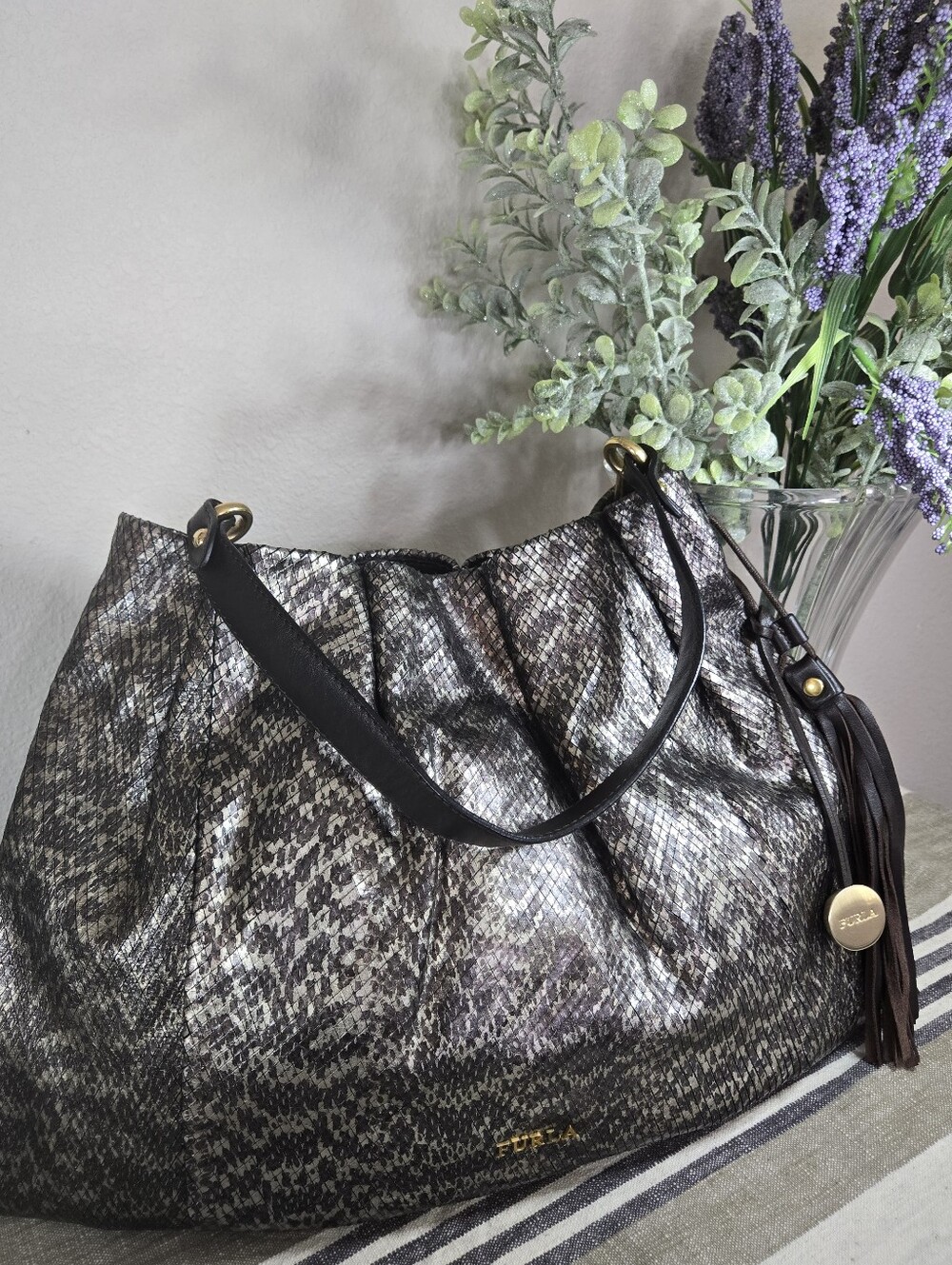 Vintage Furla Metallic Python Embossed Leather Large Hobo Shoulder Bag - Picture 2 of 13